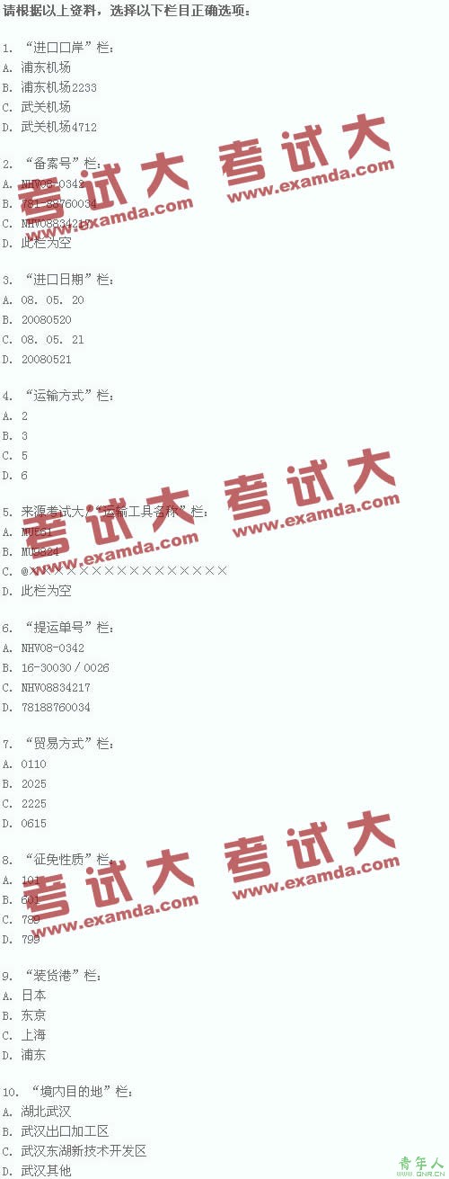 2009年报关员考试专项强化练习:填制报关单单选题(2)